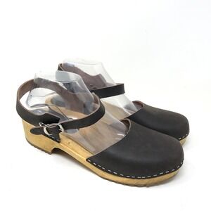 Bjork Womens 41 Swedish Mira Wooden Clogs Brown Leather Slingback Wood Heel